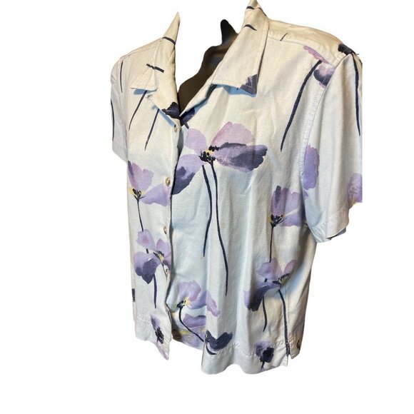 Columbia Cropped Button Front Floral White Purple Linen Blend Blouse Sz PL - Picture 3 of 8
